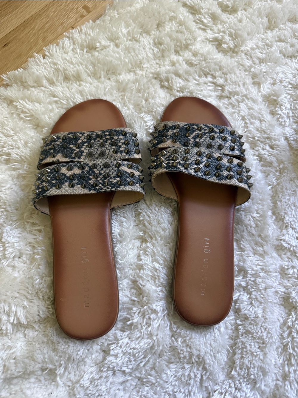 Madden Girl Studded Snake-Print Slide Sandals - Brown/Gray